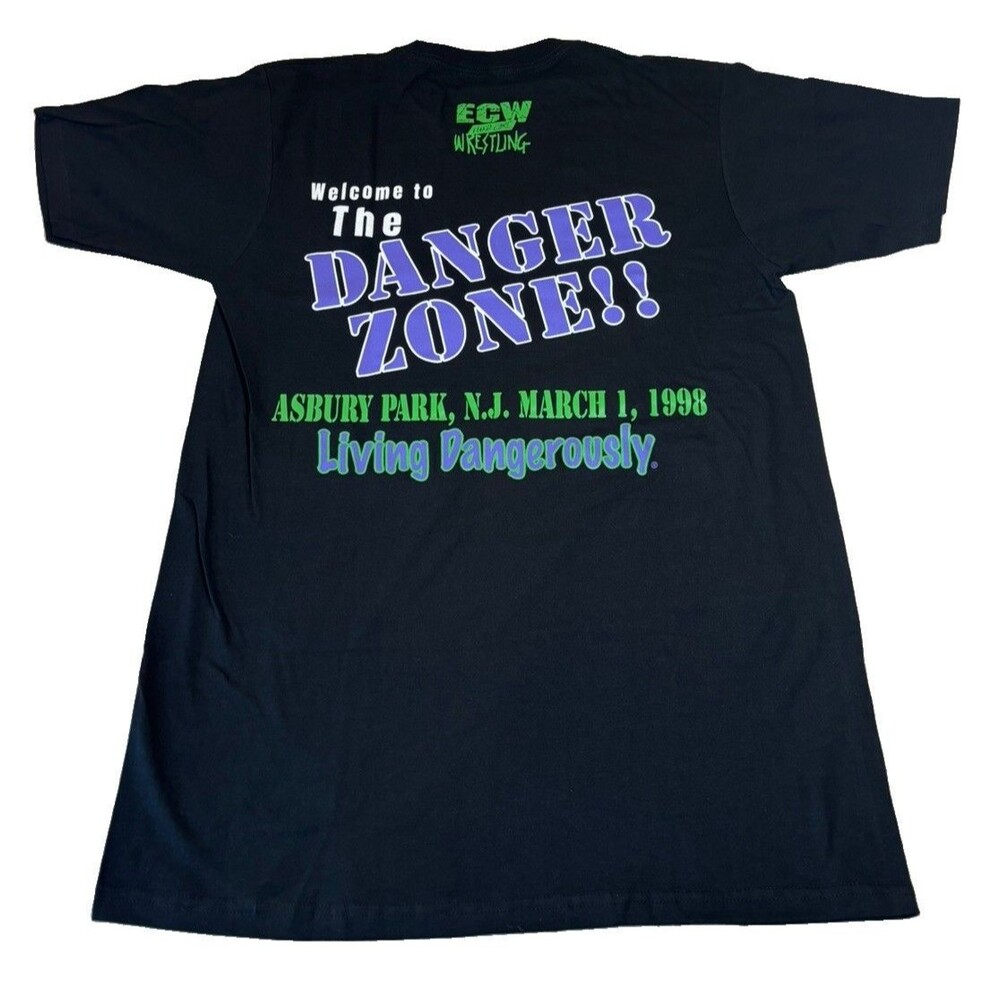 ECW Living Dangerously Asbury Park 1998 PPV Double Sided Black Tee Size M. WWE